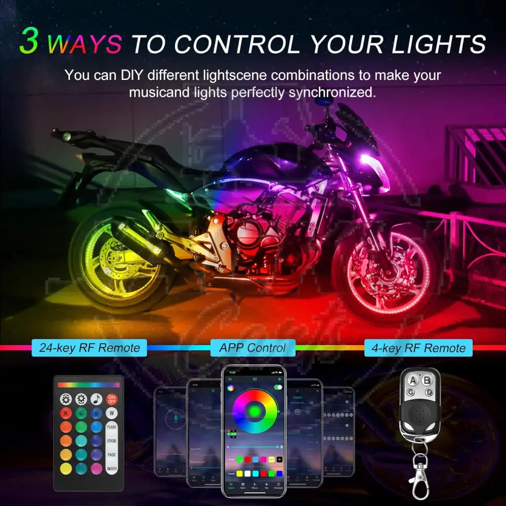 12 Pcs Motorcycle LED Light Kit APP Control RGB Motorcycle LED Lights 16 Million Color Dual Remote Brake Light Music