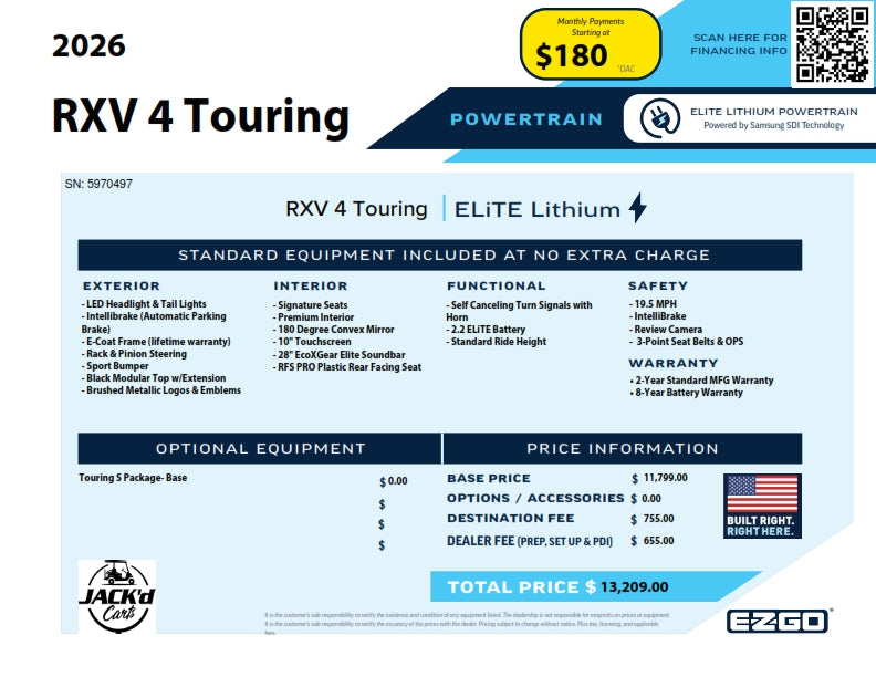 2026 EZGO RXV 4 Touring S ELiTe Bright White | Serial #5970497