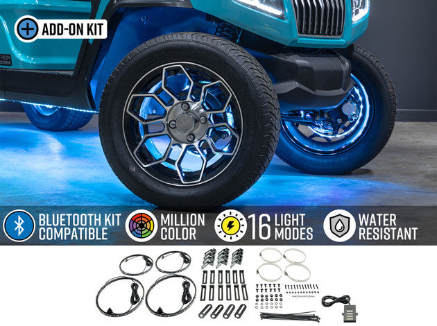 LED Glow 4pc Add-On Wheel Ring Lighting Kit for Bluetooth Golf Cart Underbody Kits