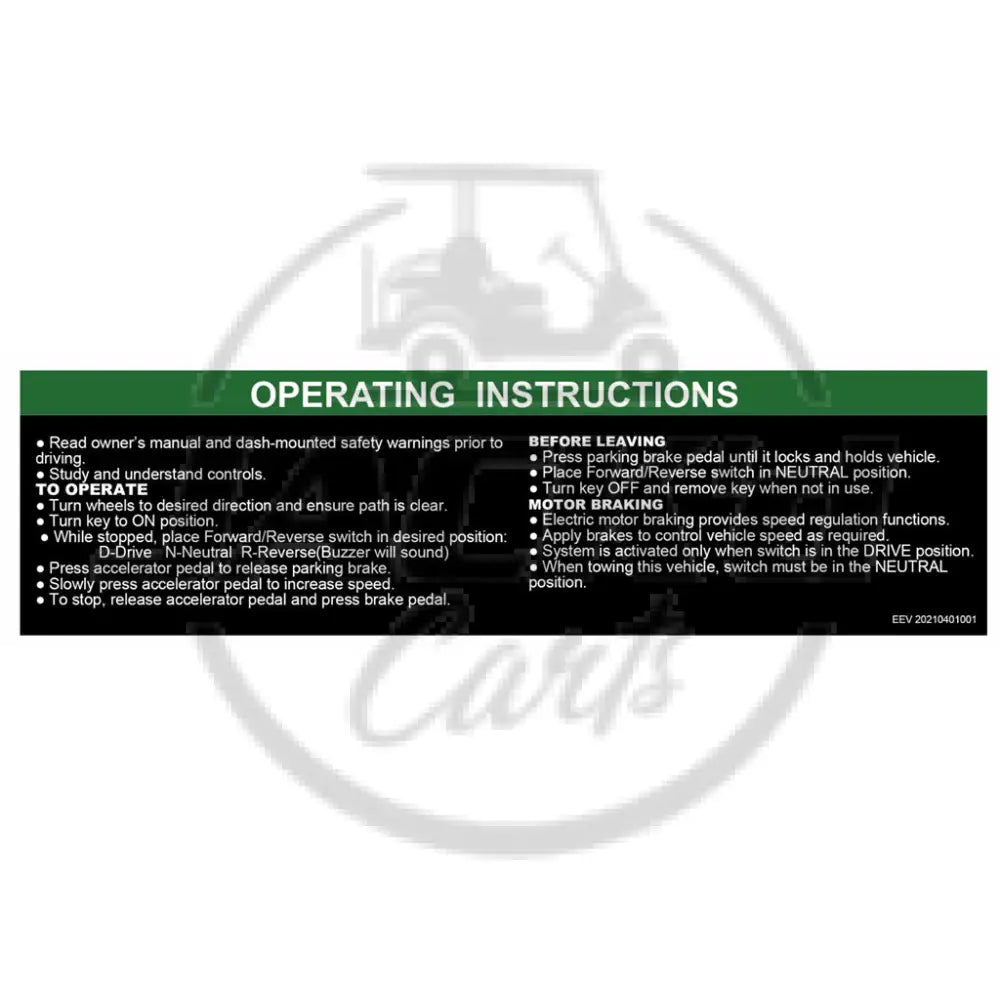 Operation Instruction Decal OEM Parts
