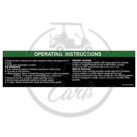 Operation Instruction Decal OEM Parts