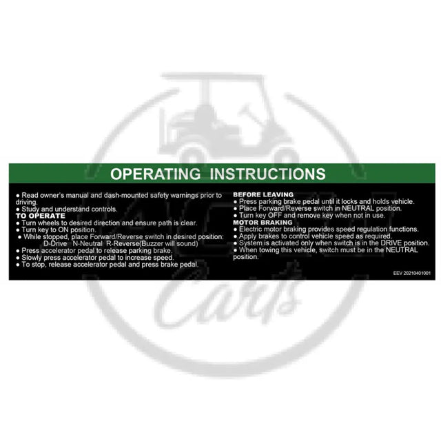 Operation Instruction Decal OEM Parts