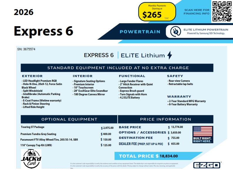2026 EZGO Express 6 Touring ST ELiTe Ocean Gray | Serial #3675574