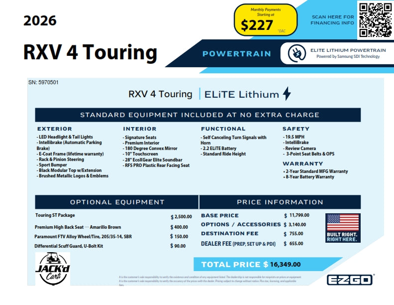 2026 EZGO RXV 4 Touring ST ELiTe Ocean Gray | Serial #5970501